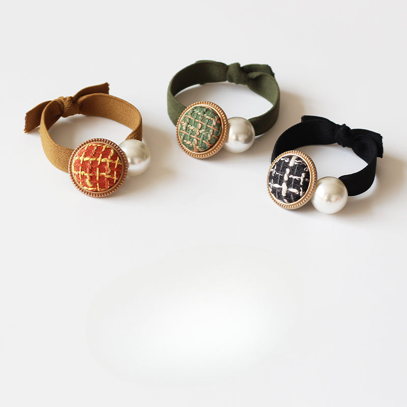 Retro Button Hair Ties for Women - Chanel Style Knitted Hair Loops, Elegant Elastic Bands with Pearls for High Ponytails