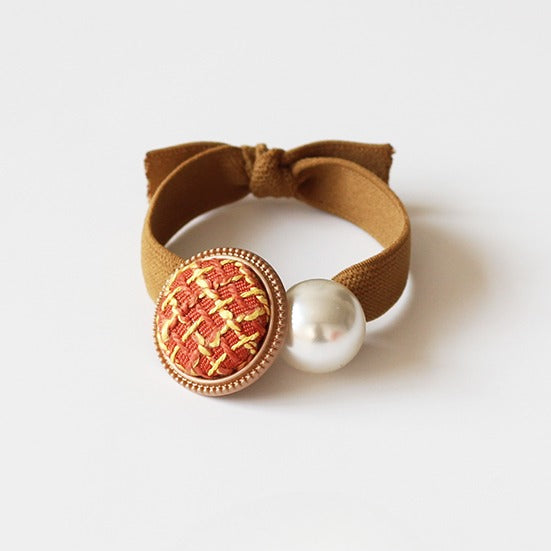 Retro Button Hair Ties for Women - Chanel Style Knitted Hair Loops, Elegant Elastic Bands with Pearls for High Ponytails