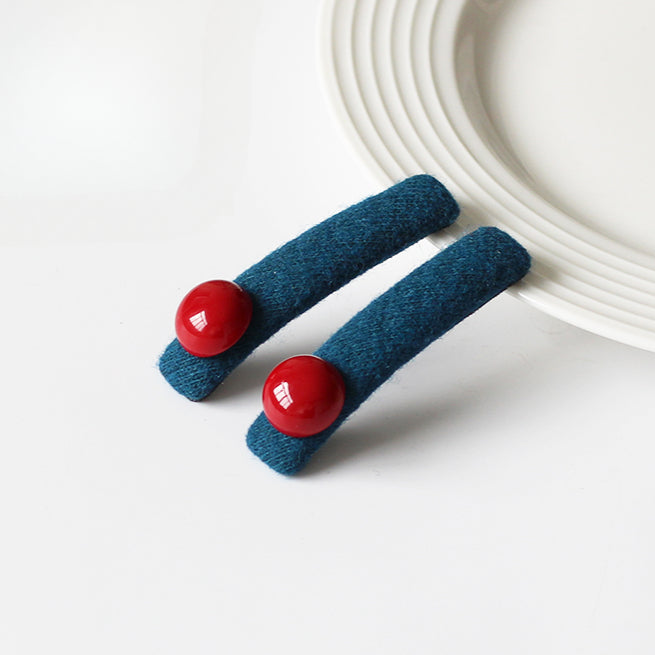 Red Bead Contrasting Hair Clip, Niche Blue Side Hair Accessory for Women