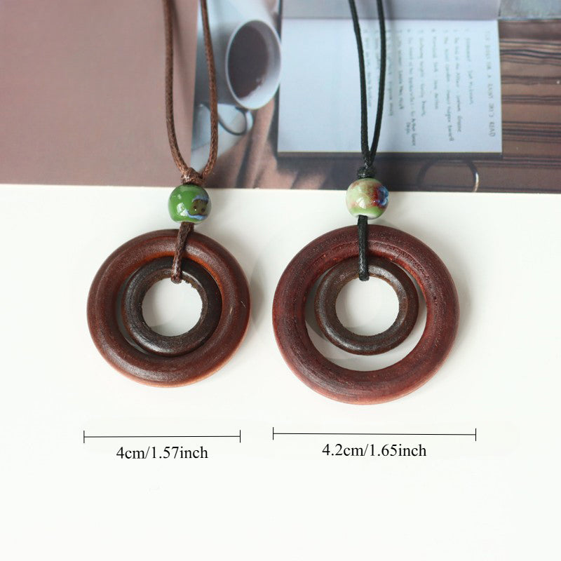 Handcarved Wood Necklace - Neo-Chinese Style Layered Pendant