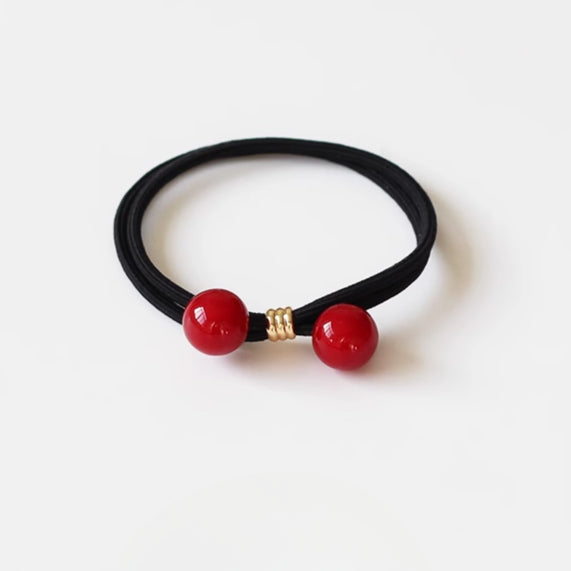 Cherry Red Bead Thick Hair Tie Braided Ponytail Band Bun Elastic Hair Accessory