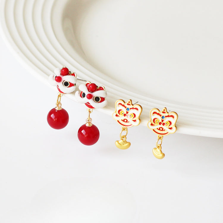 Lion Dance Earrings - Chinese New Year Red Velvet Studs, Festive Women's Ear Jewelry