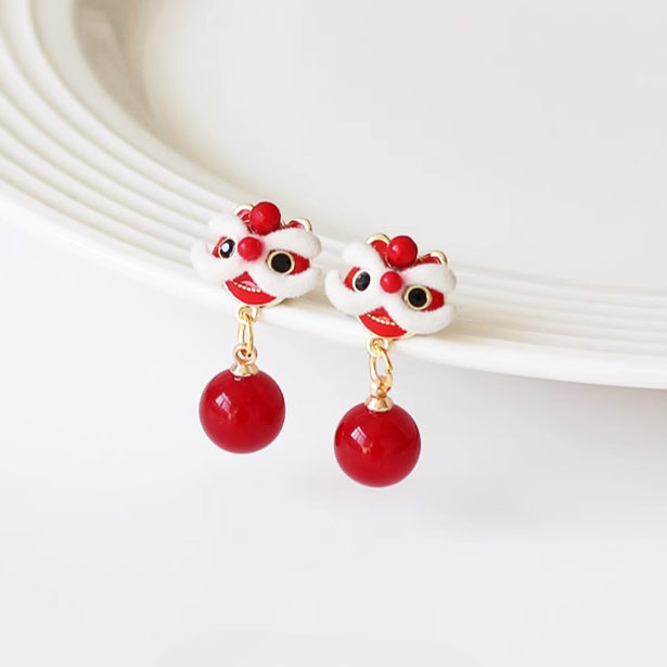 Lion Dance Earrings - Chinese New Year Red Velvet Studs, Festive Women's Ear Jewelry