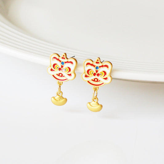 Lion Dance Earrings - Chinese New Year Red Velvet Studs, Festive Women's Ear Jewelry
