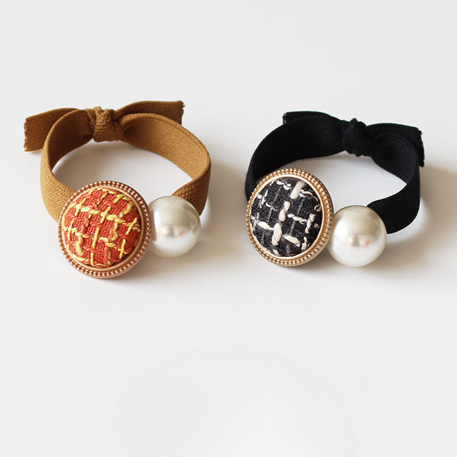 Retro Button Hair Ties for Women - Chanel Style Knitted Hair Loops, Elegant Elastic Bands with Pearls for High Ponytails