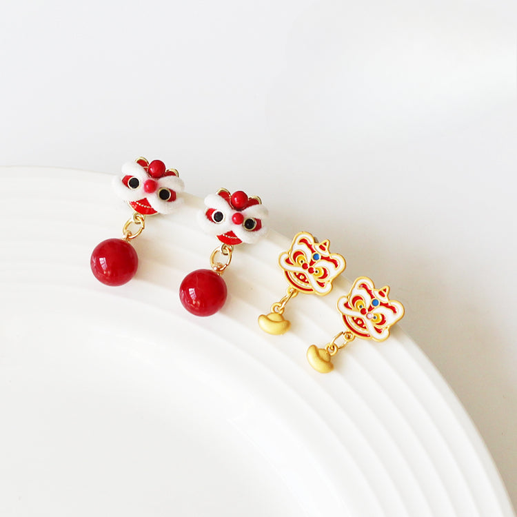 Lion Dance Earrings - Chinese New Year Red Velvet Studs, Festive Women's Ear Jewelry