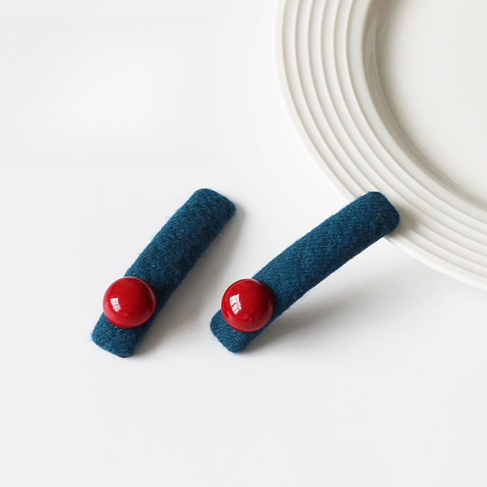 Red Bead Contrasting Hair Clip, Niche Blue Side Hair Accessory for Women