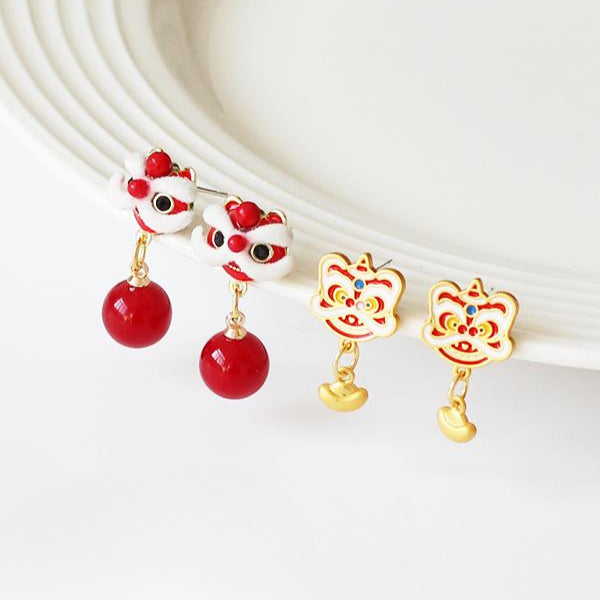Lion Dance Earrings - Chinese New Year Red Velvet Studs, Festive Women's Ear Jewelry