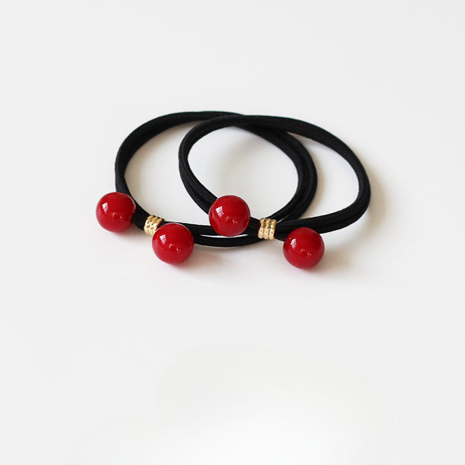 Cherry Red Bead Thick Hair Tie Braided Ponytail Band Bun Elastic Hair Accessory