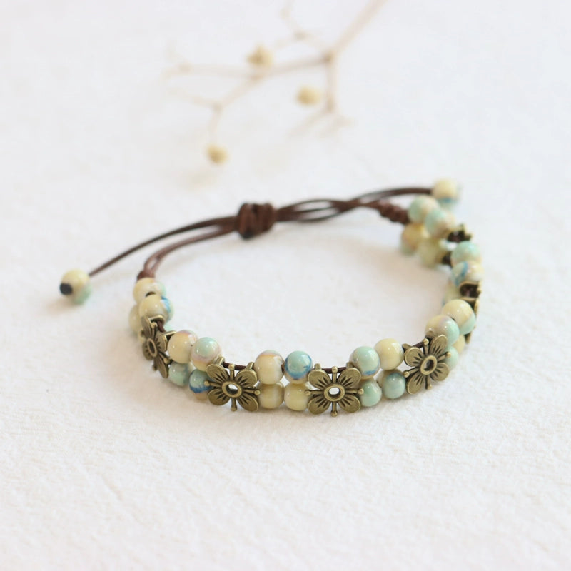 Porcelain Bracelet - Handwoven Four-Leaf Clover Beads Chinese Cord