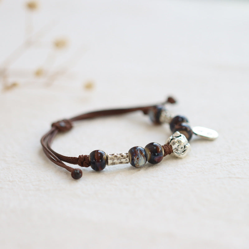 Retro Porcelain Bead Bracelet for Women - A National Trendy Accessory Featuring the Auspicious Lion