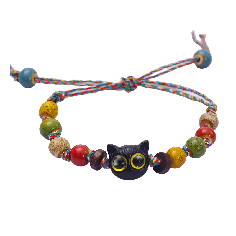 Multicolored Rope Ceramic Cat Braided Bracelet - A Retro and Unique Sweet-and-Cool Accessory