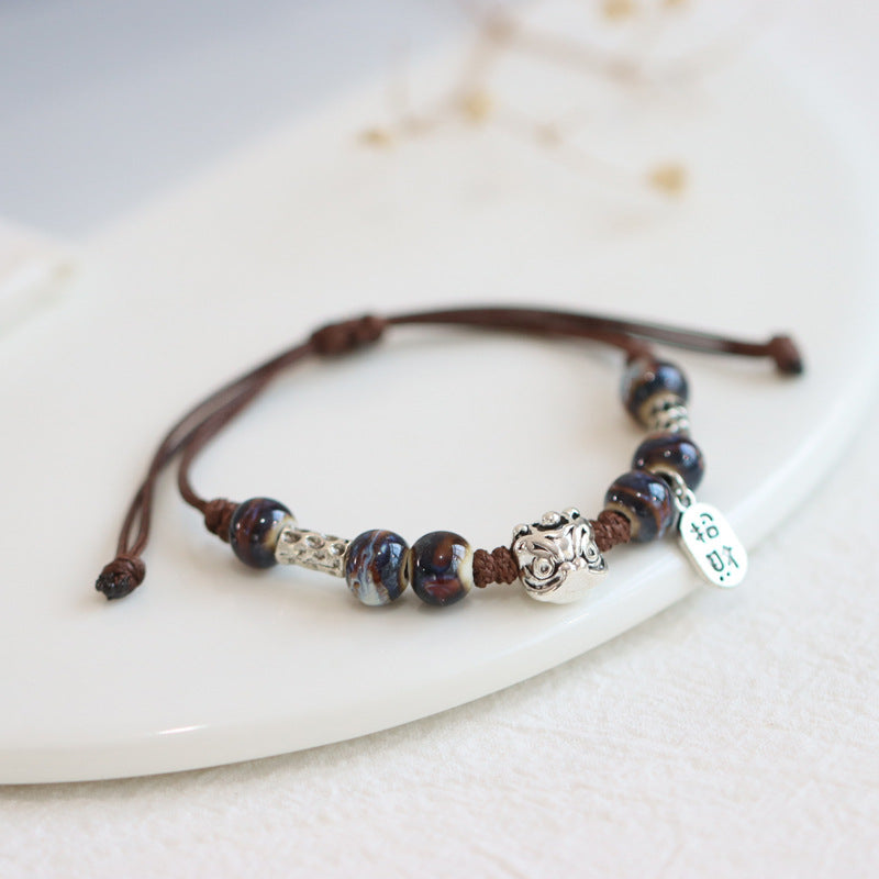 Retro Porcelain Bead Bracelet for Women - A National Trendy Accessory Featuring the Auspicious Lion