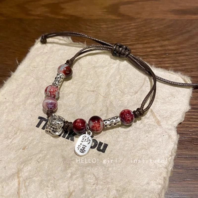 Retro Porcelain Bead Bracelet for Women - A National Trendy Accessory Featuring the Auspicious Lion