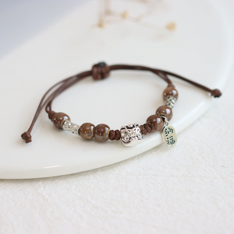Retro Porcelain Bead Bracelet for Women - A National Trendy Accessory Featuring the Auspicious Lion