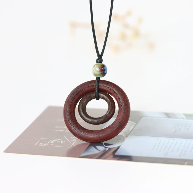 Handcarved Wood Necklace - Neo-Chinese Style Layered Pendant