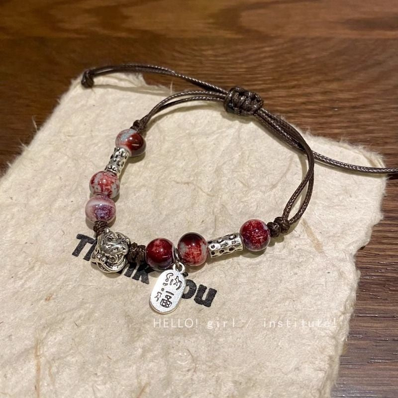 Retro Porcelain Bead Bracelet for Women - A National Trendy Accessory Featuring the Auspicious Lion