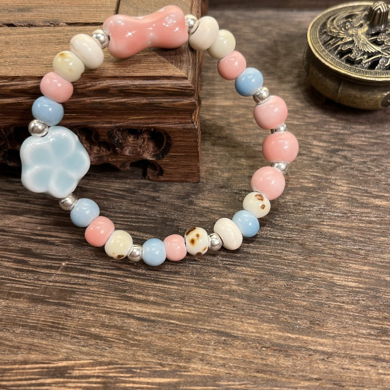 Retro Floral White Bead Porcelain Bracelet for Women - A Trendy, Unique, and Versatile Couple's Accessory.