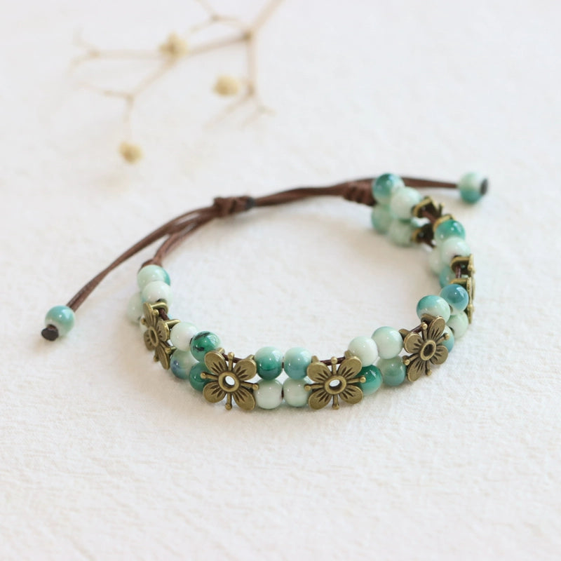 Porcelain Bracelet - Handwoven Four-Leaf Clover Beads Chinese Cord