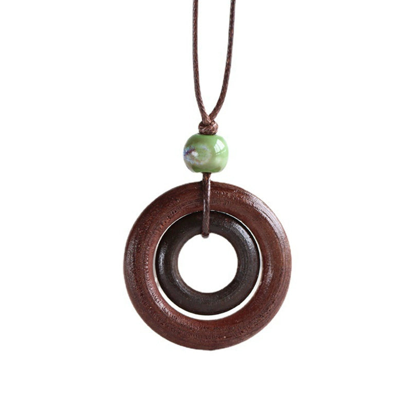 Handcarved Wood Necklace - Neo-Chinese Style Layered Pendant
