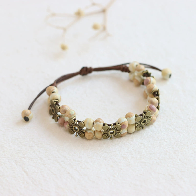 Porcelain Bracelet - Handwoven Four-Leaf Clover Beads Chinese Cord