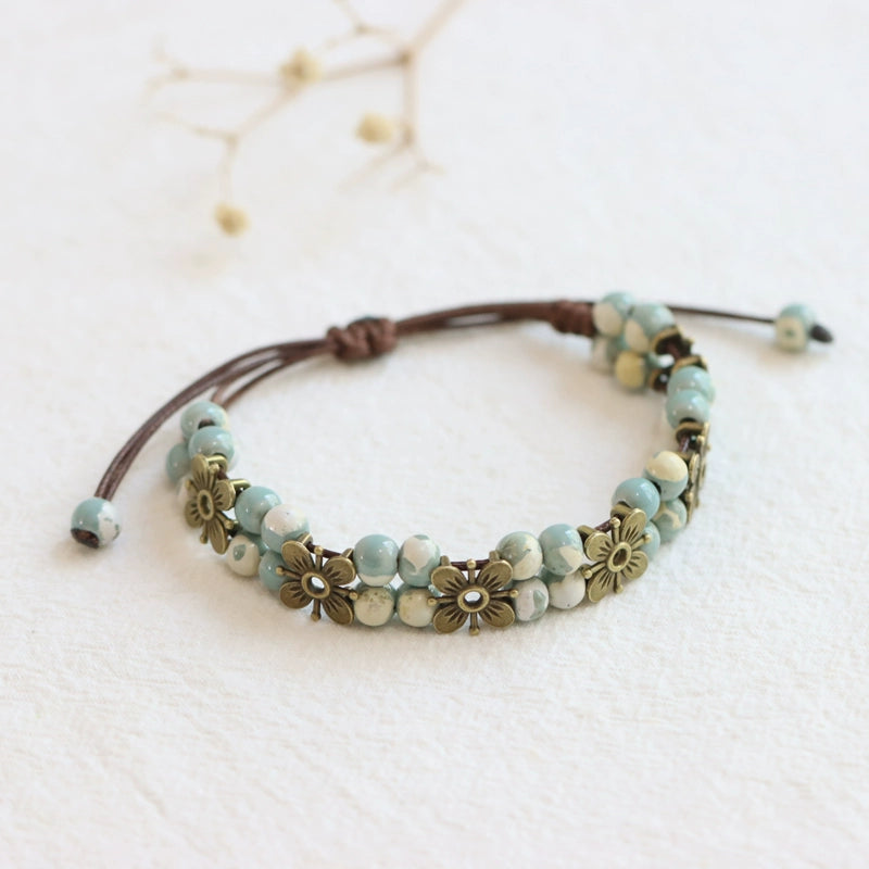 Porcelain Bracelet - Handwoven Four-Leaf Clover Beads Chinese Cord