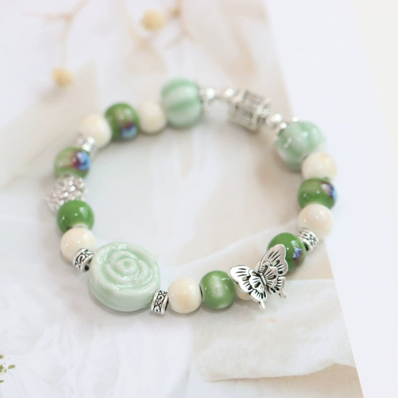 Ceramic Butterfly Bracelet - Ethnic Beaded Boho Jewelry for Women