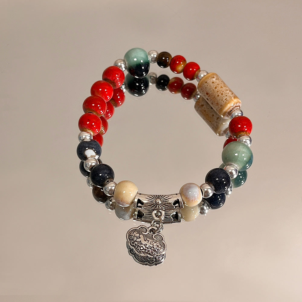 Multicolored Porcelain Bead Bracelet for Women - New Hit, A National Trendy Elastic Thread Accessory.