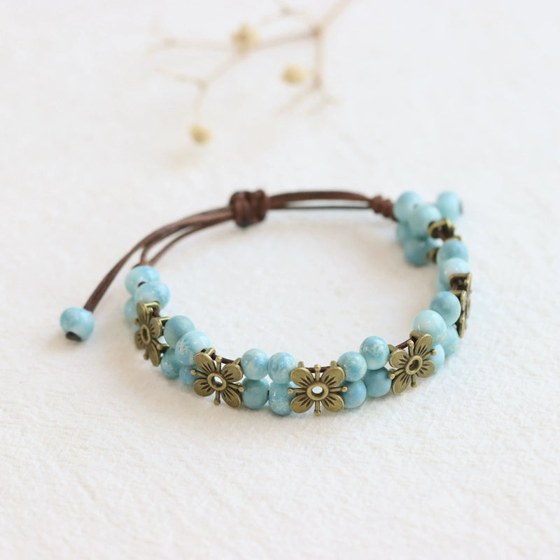 Porcelain Bracelet - Handwoven Four-Leaf Clover Beads Chinese Cord