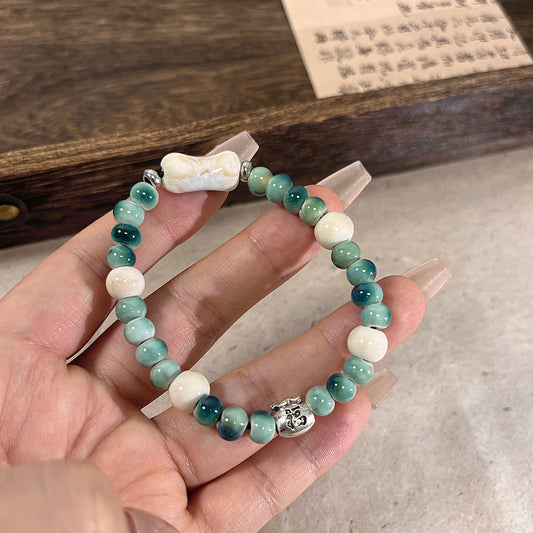 Handmade Porcelain Bracelet - A Lucky Bag with Ancient Chinese Style Beads, Featuring Bohemian Flair for Women.