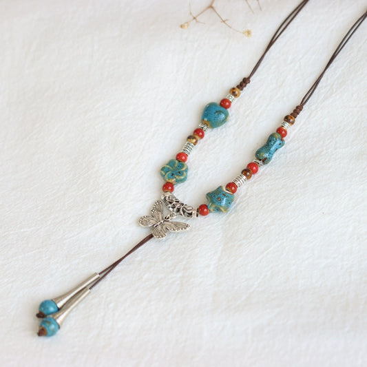 Ceramic Necklace – Chinese Style Long Butterfly Pendant Sweater Chain for Women