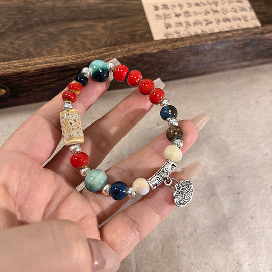 Multicolored Porcelain Bead Bracelet for Women - New Hit, A National Trendy Elastic Thread Accessory.