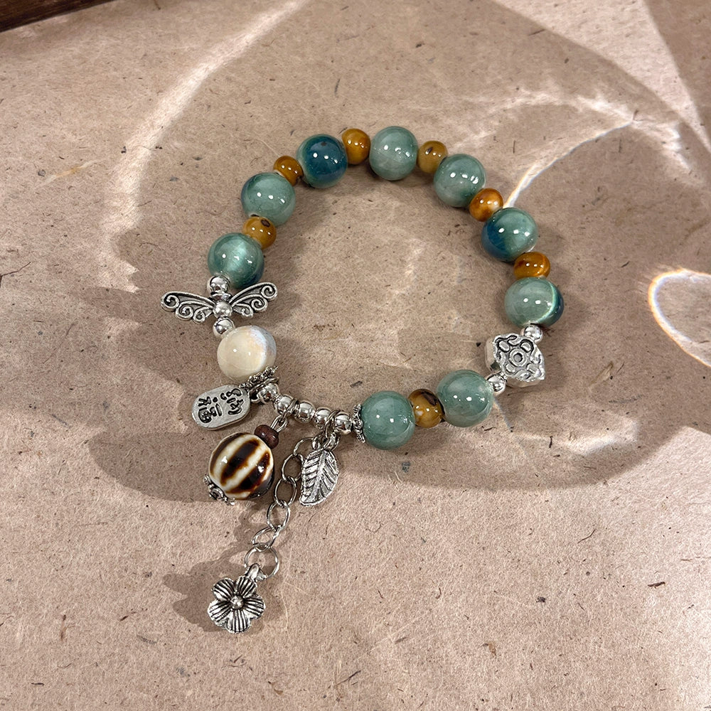 Retro Floral White Bead Porcelain Bracelet for Women - A Trendy, Unique, and Versatile Couple's Accessory.