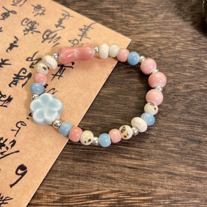 Retro Floral White Bead Porcelain Bracelet for Women - A Trendy, Unique, and Versatile Couple's Accessory.