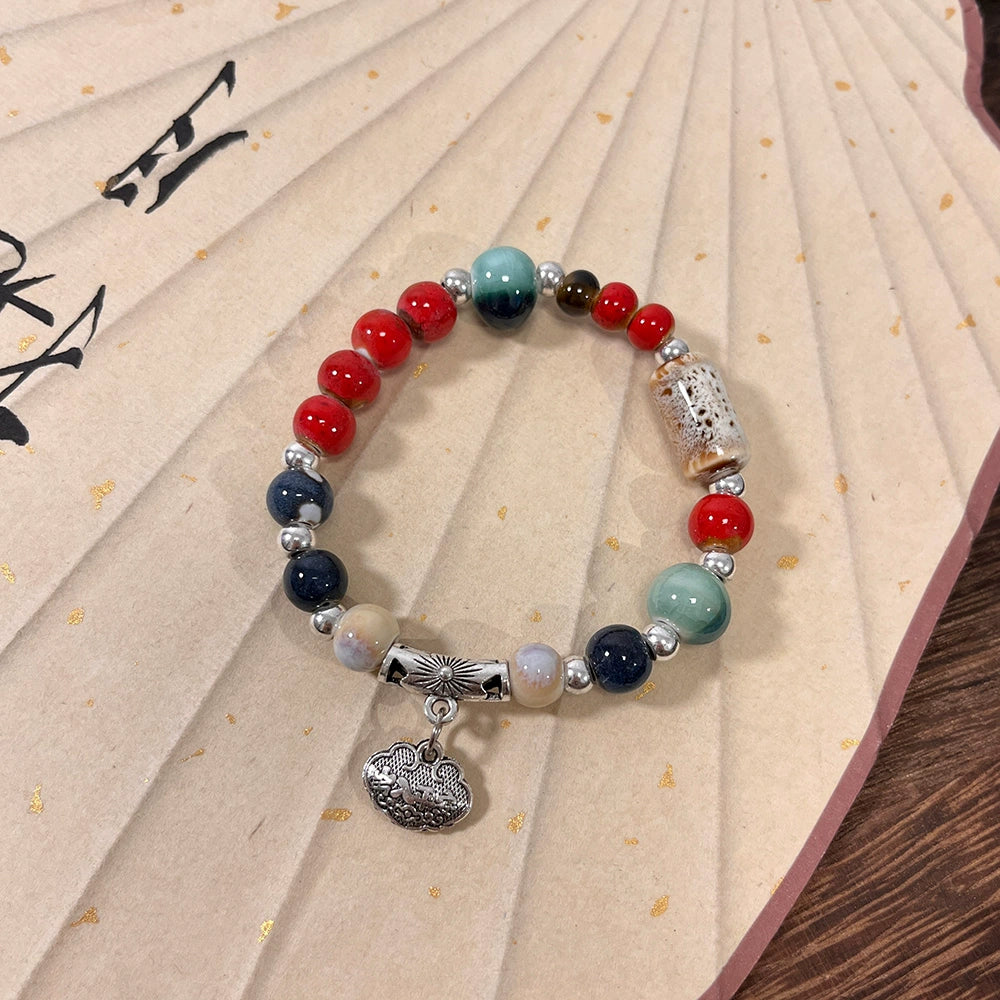 Multicolored Porcelain Bead Bracelet for Women - New Hit, A National Trendy Elastic Thread Accessory.