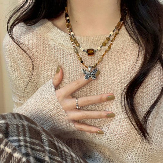 Brown Square Butterfly Beaded Necklace - Vintage Boho Women's Jewelry with Classic Elegance