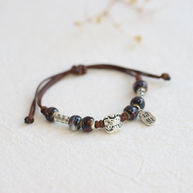 Retro Porcelain Bead Bracelet for Women - A National Trendy Accessory Featuring the Auspicious Lion