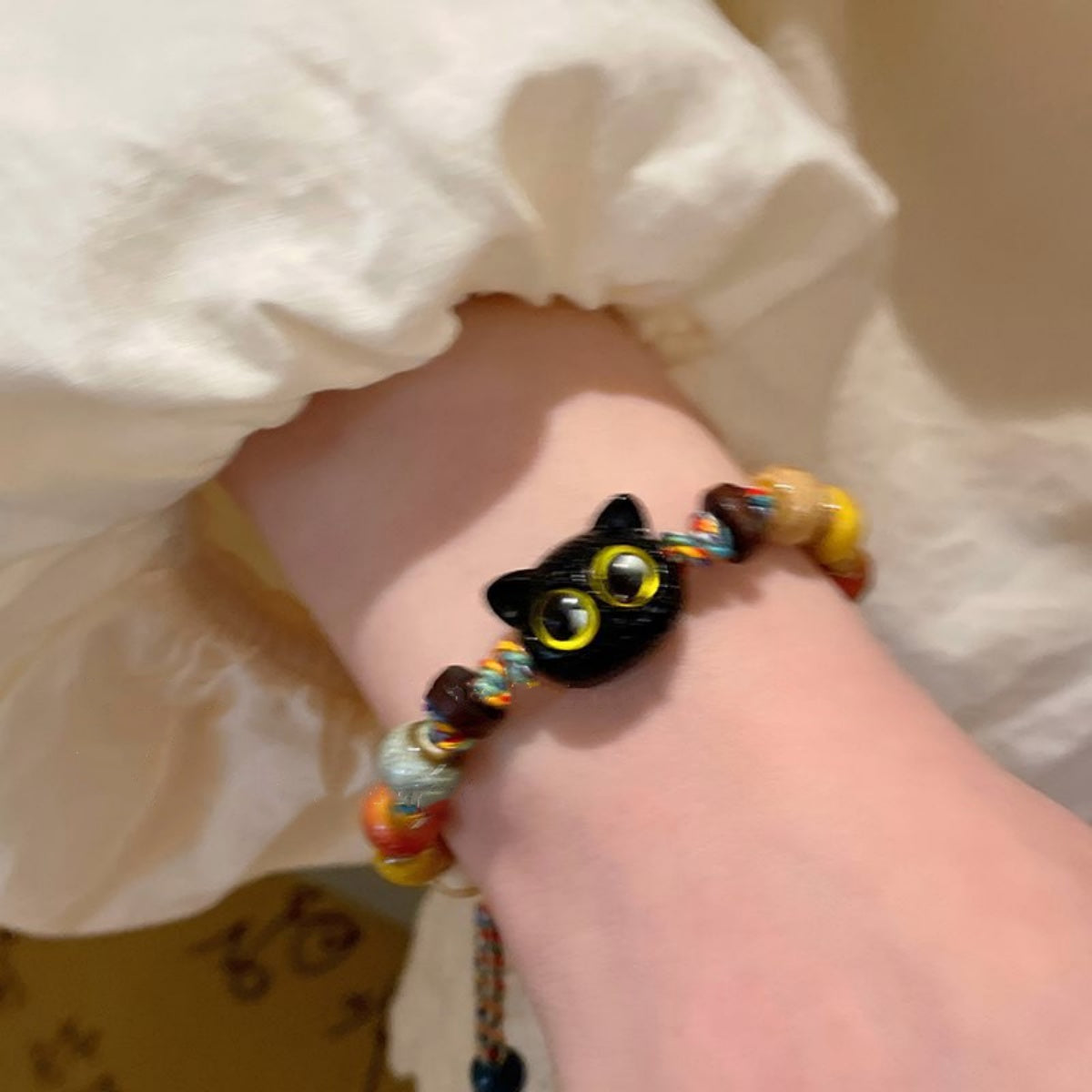 Multicolored Rope Ceramic Cat Braided Bracelet - A Retro and Unique Sweet-and-Cool Accessory