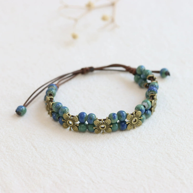 Porcelain Bracelet - Handwoven Four-Leaf Clover Beads Chinese Cord