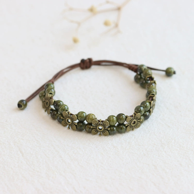 Porcelain Bracelet - Handwoven Four-Leaf Clover Beads Chinese Cord
