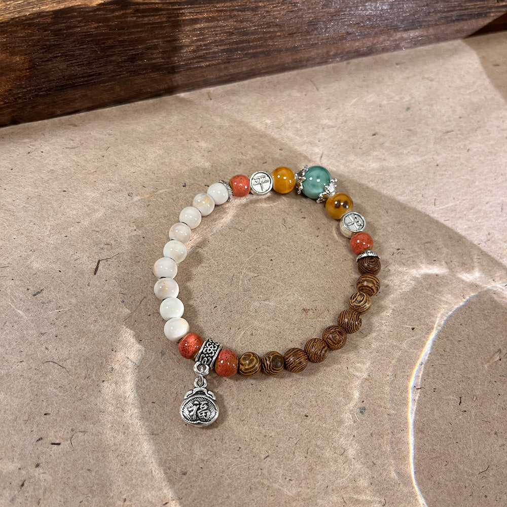 Beaded Porcelain Bracelet - An Ethnic-style Zen Trendy Accessory with an Elastic Pendant, Perfect for Women.