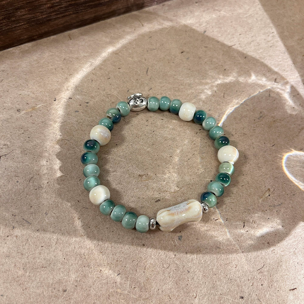 Retro Floral White Bead Porcelain Bracelet for Women - A Trendy, Unique, and Versatile Couple's Accessory.