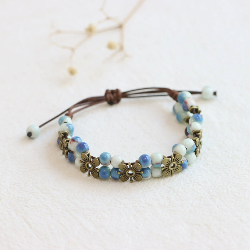 Porcelain Bracelet - Handwoven Four-Leaf Clover Beads Chinese Cord