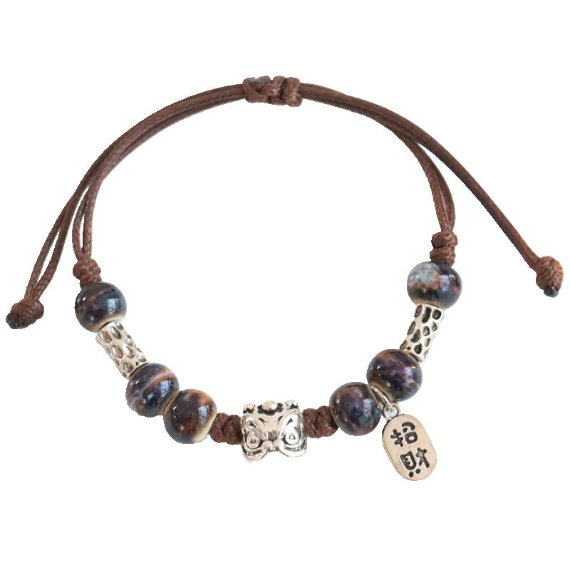 Retro Porcelain Bead Bracelet for Women - A National Trendy Accessory Featuring the Auspicious Lion