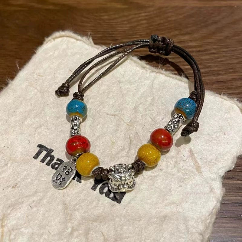Retro Porcelain Bead Bracelet for Women - A National Trendy Accessory Featuring the Auspicious Lion