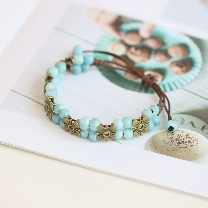 Porcelain Bracelet - Handwoven Four-Leaf Clover Beads Chinese Cord