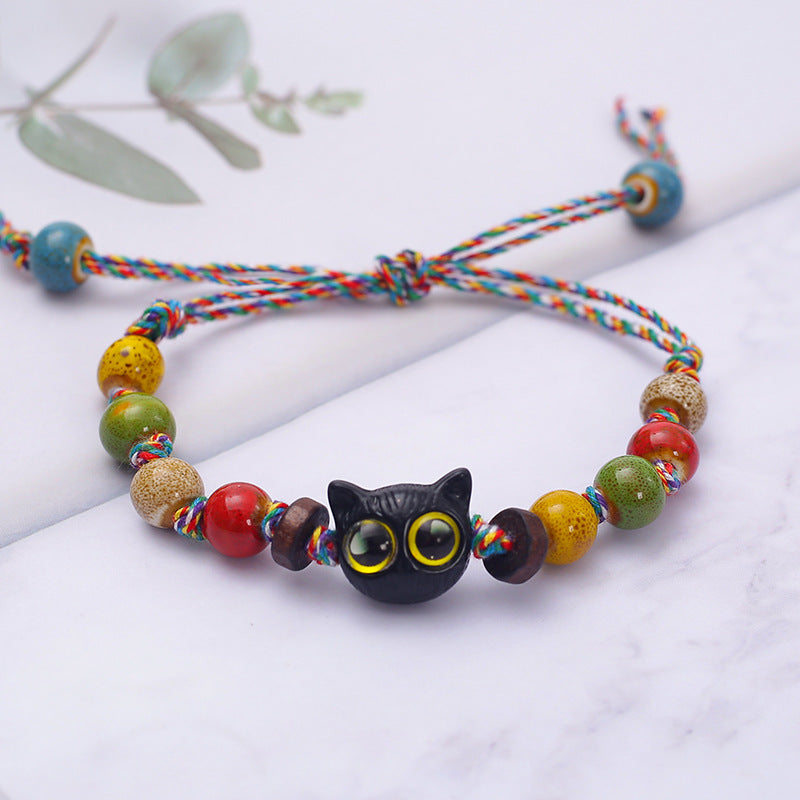 Multicolored Rope Ceramic Cat Braided Bracelet - A Retro and Unique Sweet-and-Cool Accessory