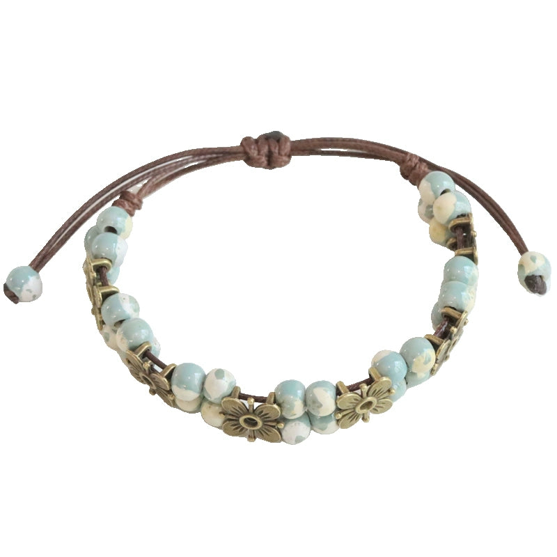 Porcelain Bracelet - Handwoven Four-Leaf Clover Beads Chinese Cord