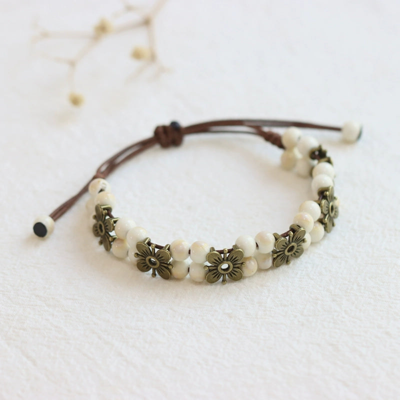 Porcelain Bracelet - Handwoven Four-Leaf Clover Beads Chinese Cord