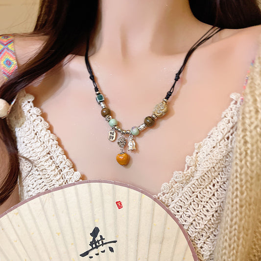 Chinese Resin Bead Fortune Necklace - Trendy Collarbone Chain
